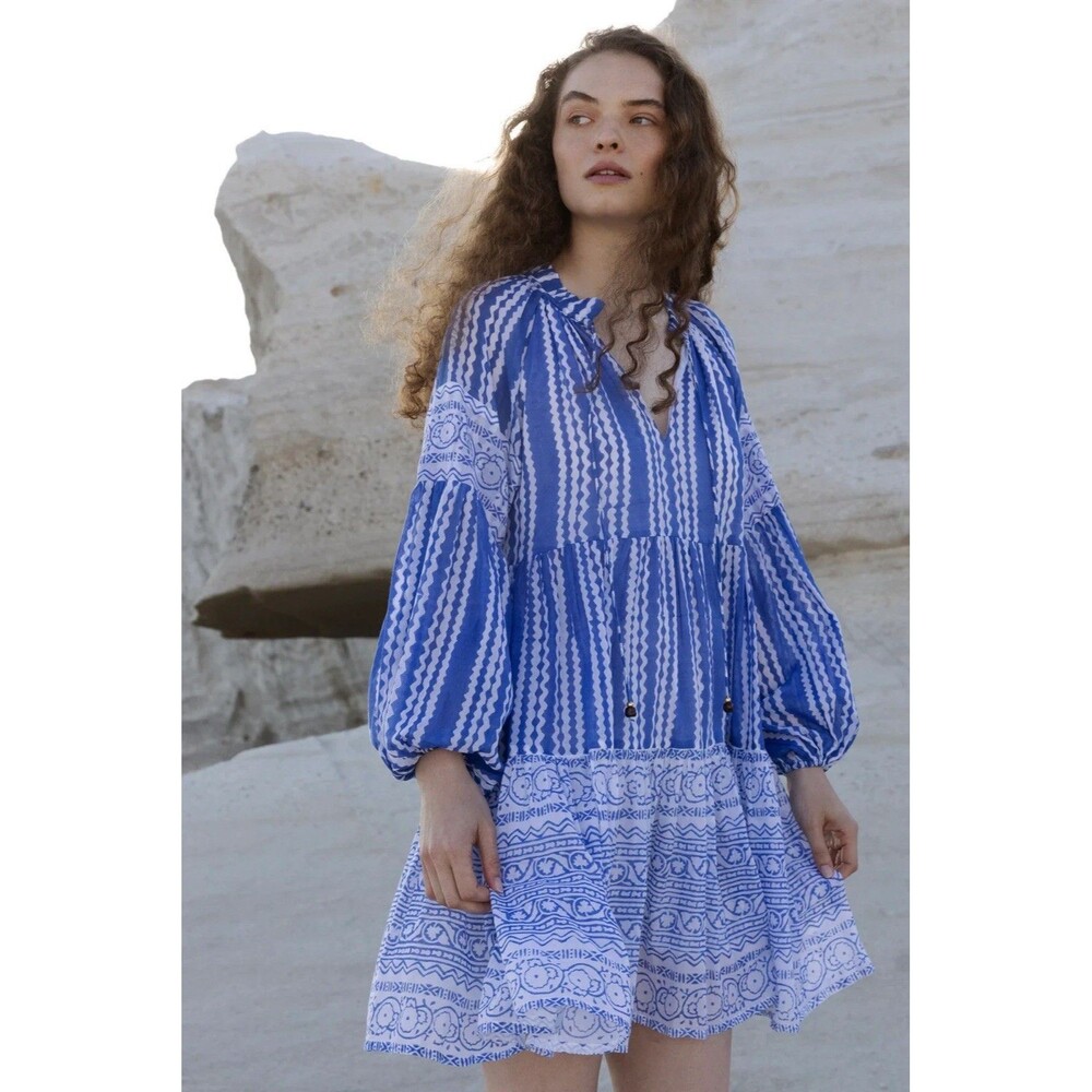 Oliphant Balloon Long Sleeve Dress S Ziggy Blue Cotton Block Print Tiered Boho